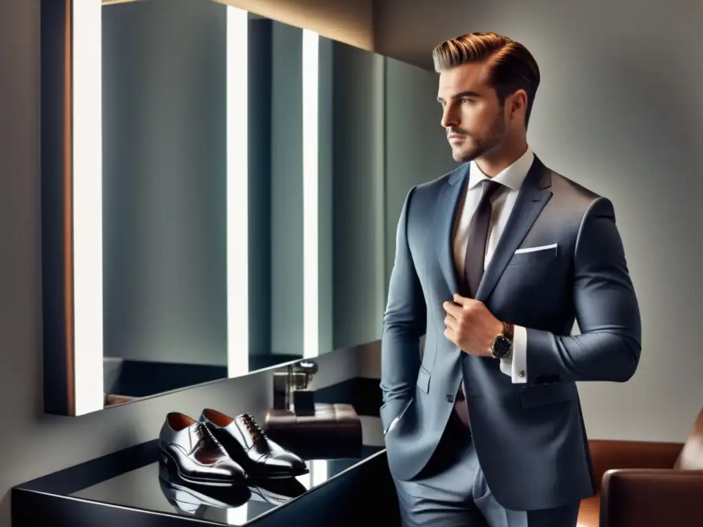 Hombre elegante frente a espejo, reflejo de estilo masculino y beneficios en la vida