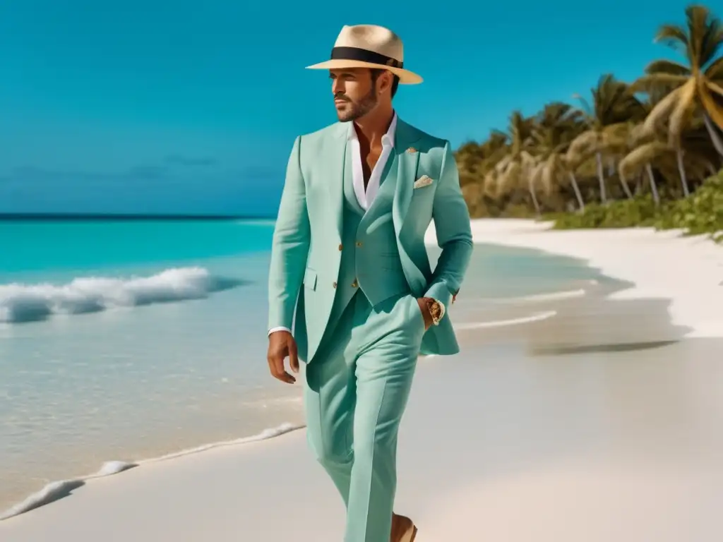 Moda masculina para viajes tropicales: elegante icono de moda en una playa paradisíaca con agua turquesa y palmeras