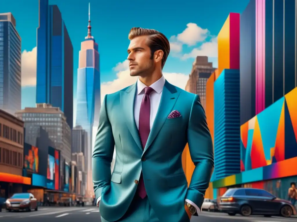 Tendencias globales estilo masculino en entorno urbano con modelo elegante frente a mural vibrante