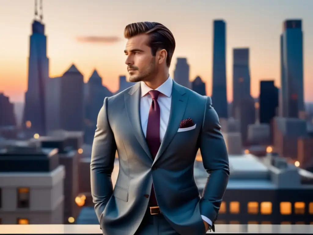 Capturar estilo masculino en fotos: hombre elegante en la azotea con vista a la ciudad al atardecer