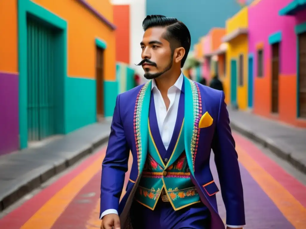 Tendencias moda masculina México: Hombre mexicano elegante, calle colorida, moda contemporánea con detalles tradicionales, fusión cultural