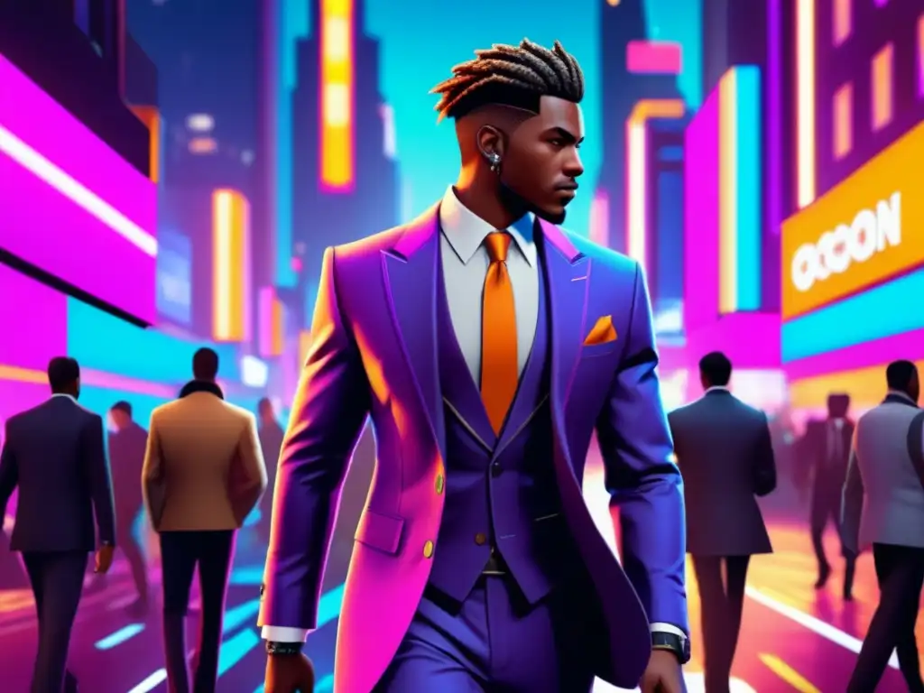 Estilo masculino en videojuegos: personaje de juego de moda con ropa temática y clásica, caminando por una calle llena de rascacielos y luces neón