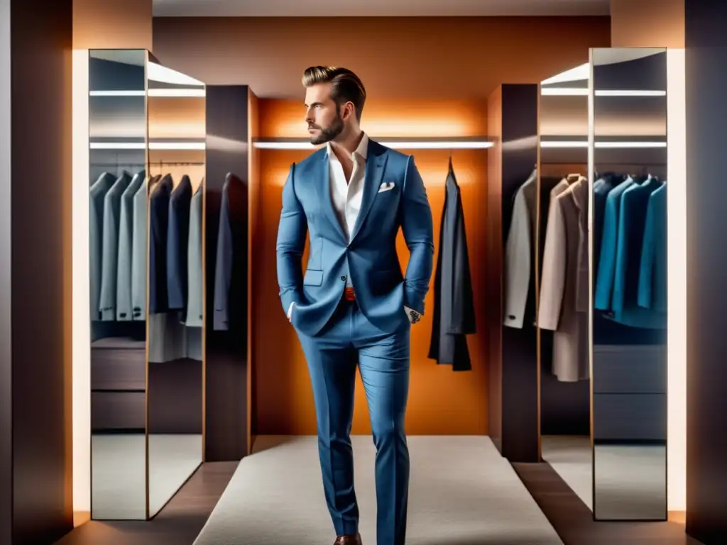 Hombre moderno con traje a medida en elegante vestidor