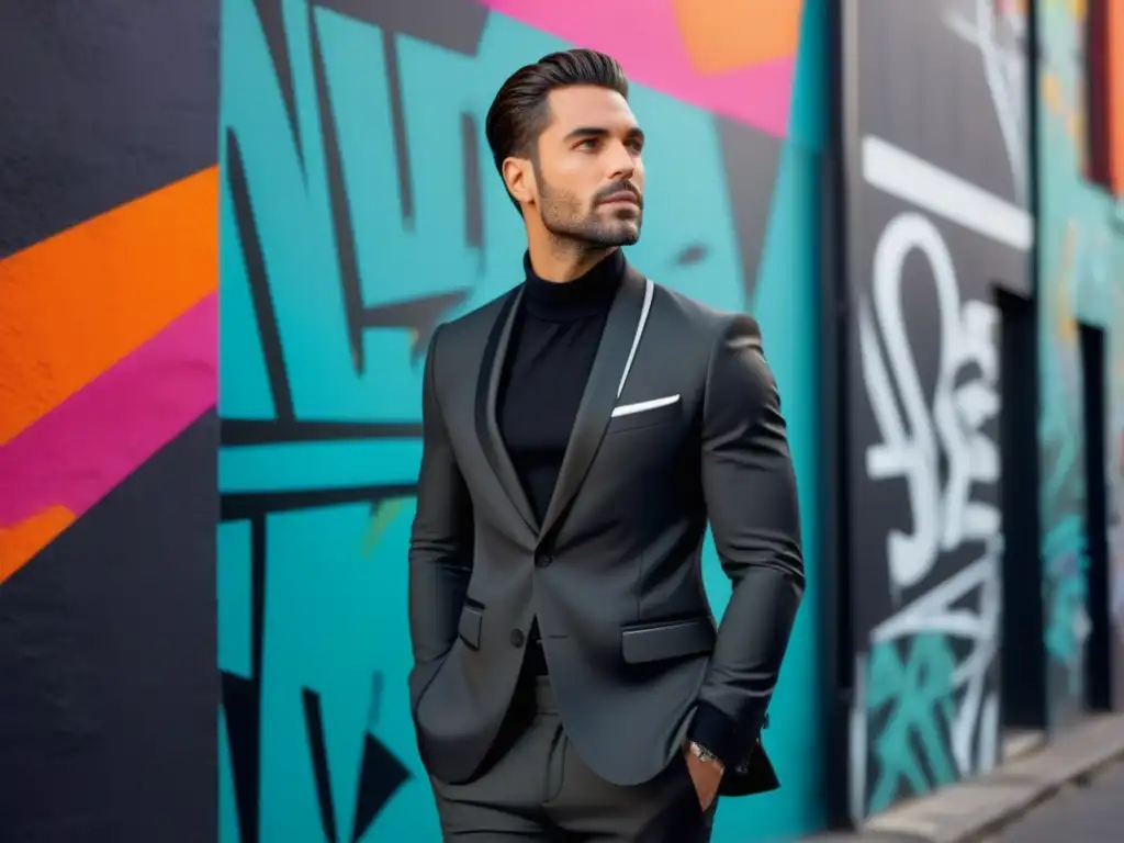 Hombre moderno en traje negro con impacto psicológico de colores en moda masculina