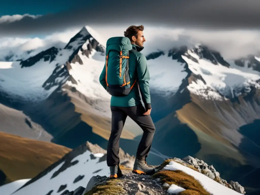 Un hombre elegante en la montaña con ropa de montaña de calidad