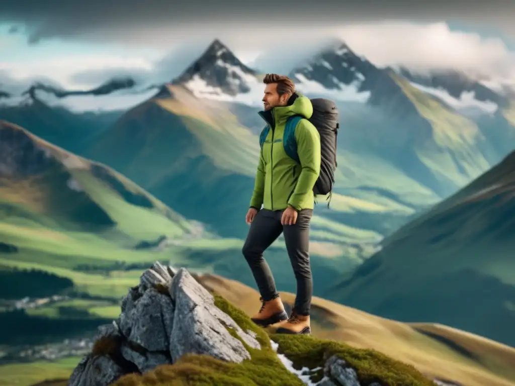 Ropa de montaña para hombres en una imagen ultradetallada de un hombre elegante en una cima montañosa rodeado de vistas panorámicas impresionantes