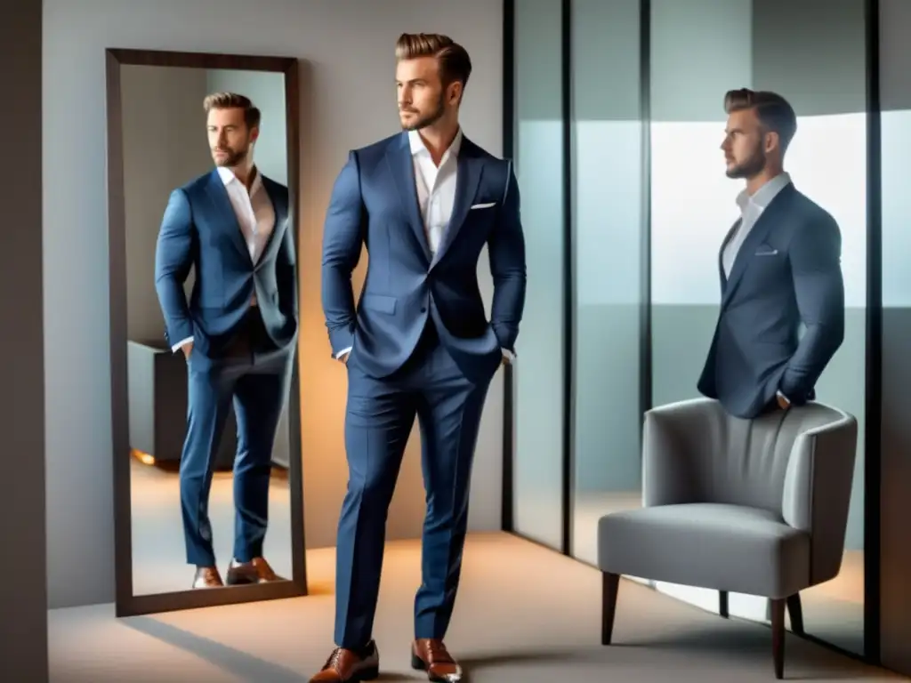 Moda para superar inseguridades masculinas: hombre seguro de sí mismo en traje elegante frente al espejo