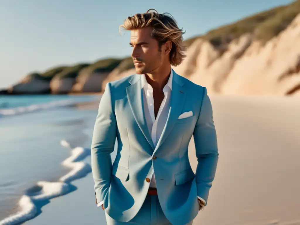 Elegante hombre en la playa con traje de lino Consejos para combinar playa y estilo masculino: hombre elegante en traje de lino azul claro, en una playa prístina con olas turquesa