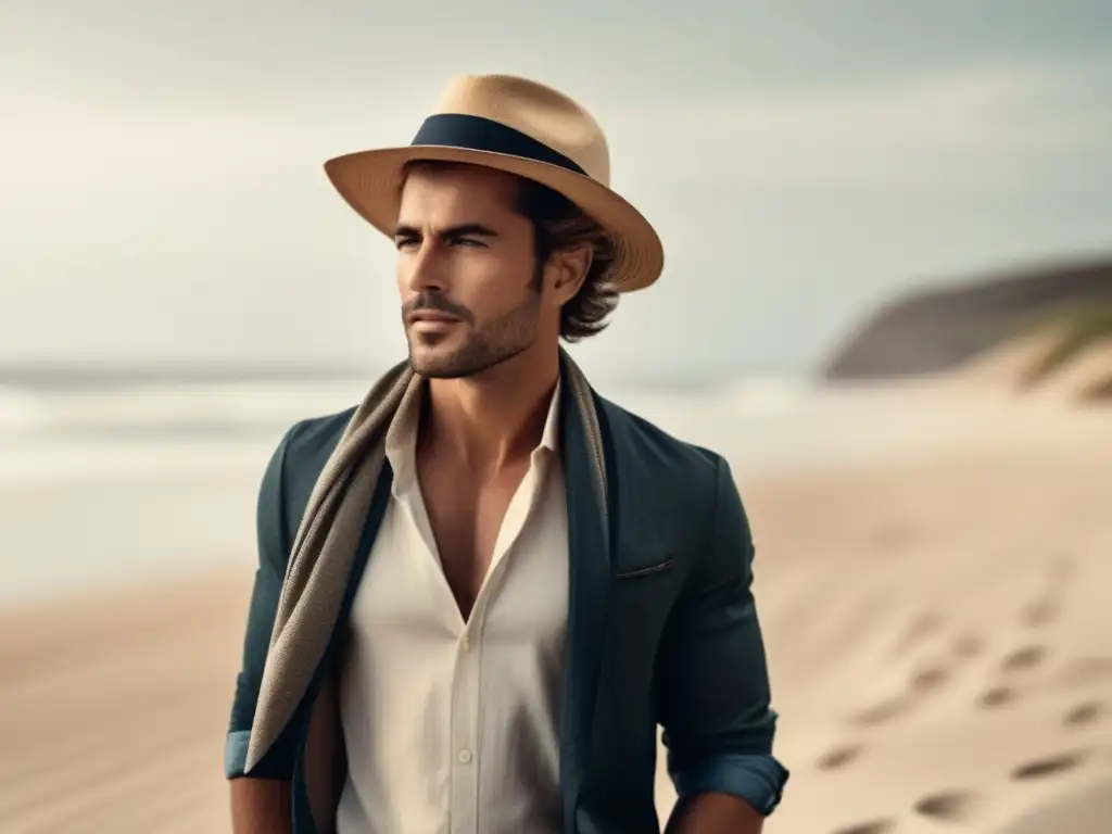 Hombre estiloso en la playa con outfit casual y textura playera