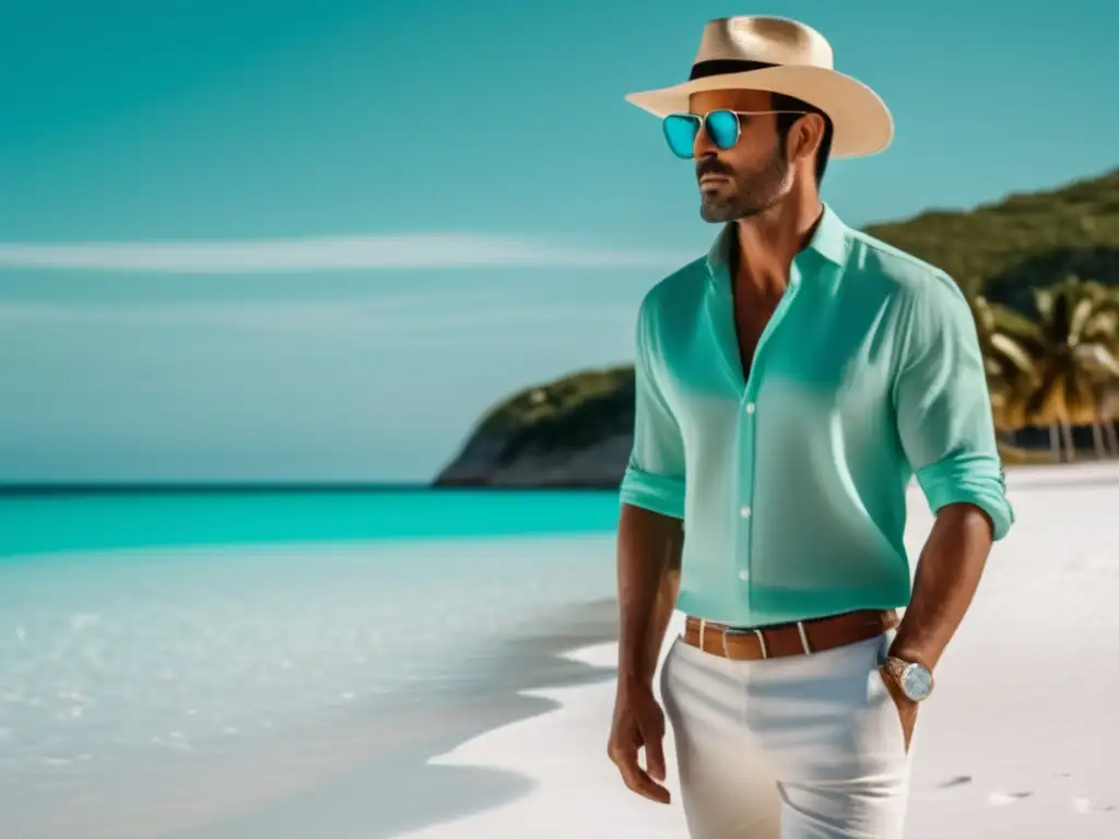 Hombre en playa con ropa de viaje elegante - Ropa de viaje para hombres playa