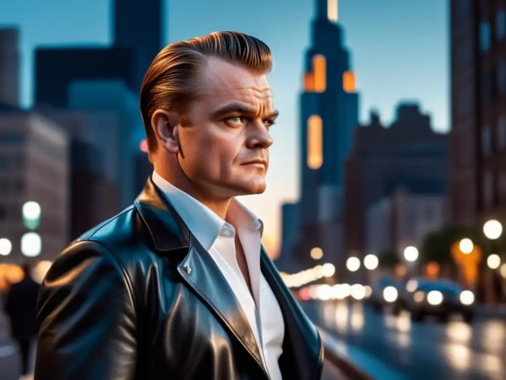 Moda masculina estilo rebelde James Cagney en ciudad al atardecer