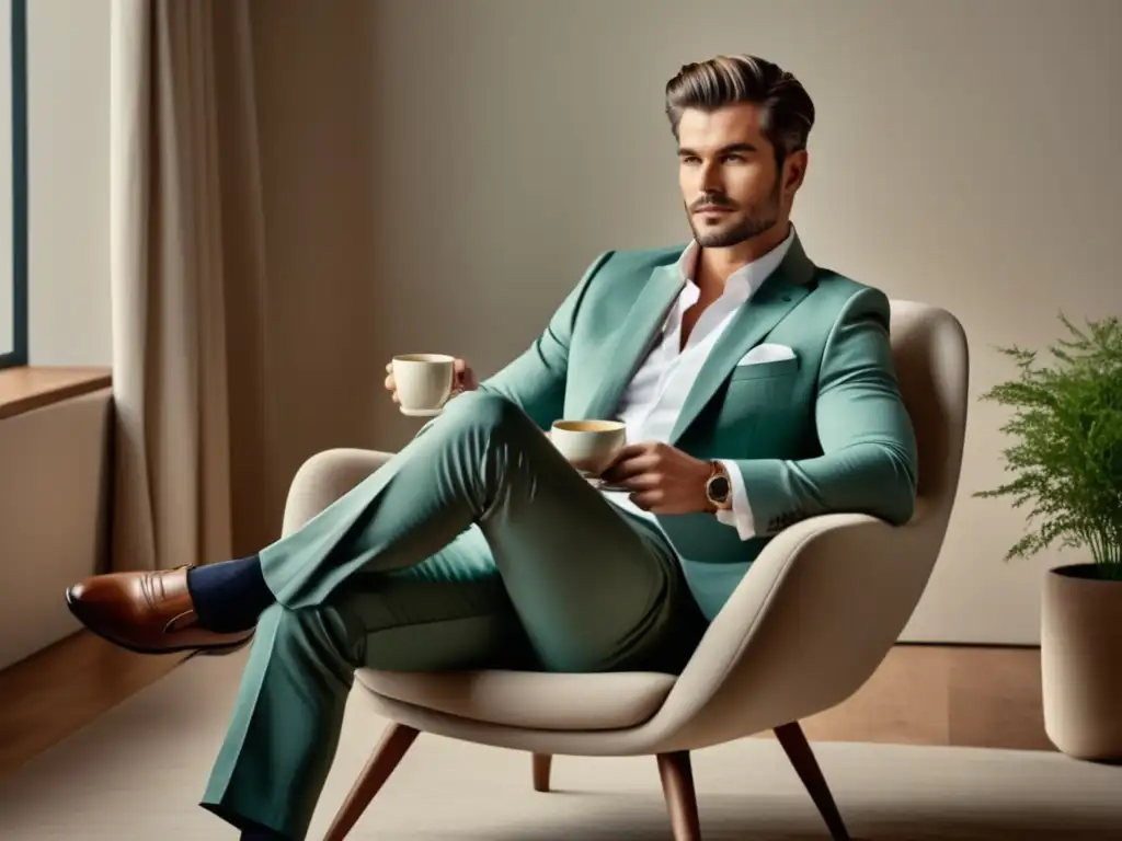 Hombre moderno en una habitación bien iluminada y cómoda, vistiendo ropa elegante y relajada, disfrutando de una taza de té herbal