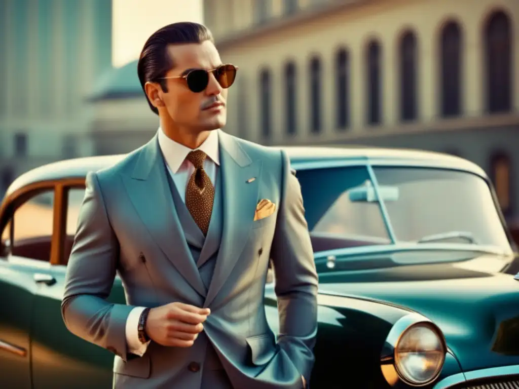 Tendencias moda masculina estilo retro: hombre elegante con traje a rayas y corbata llamativa, parado frente a un auto vintage