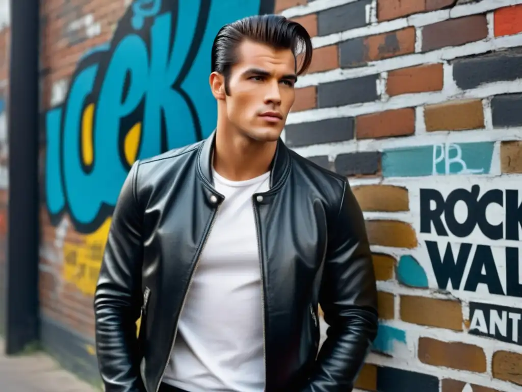 Influencia Rock and Roll en moda masculina: Hombre elegante con cabello engominado, remera blanca y chaqueta de cuero negra, posa confiado en pared grafitada