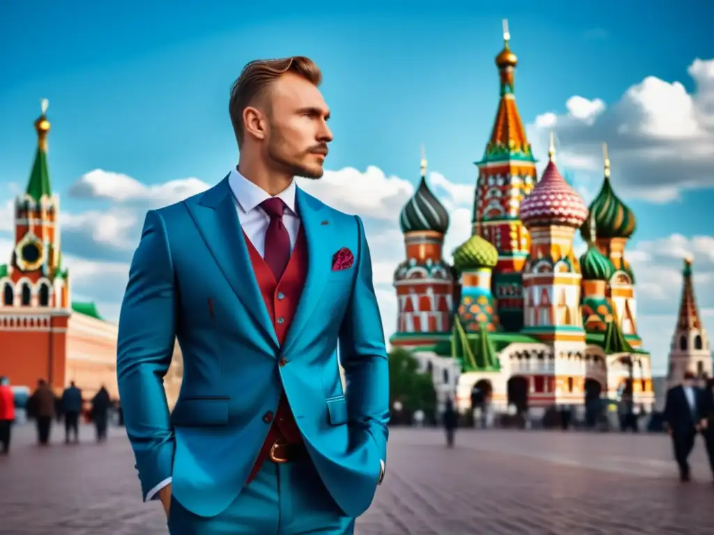 Estilo masculino Rusia moda occidental - Hombre elegante frente a la catedral de San Basilio en Moscú