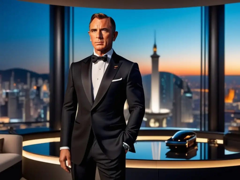 Influencia de James Bond en moda: Esmoquin negro, corbata de lazo y chaqueta de cuero en penthouse moderno con vista a la ciudad al atardecer