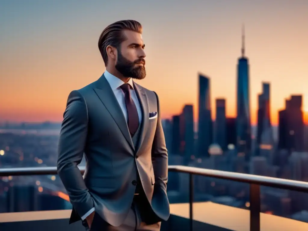 Fotografiar looks masculinos con estilo - Hombre elegante en traje hecho a medida, seguro de sí mismo, con fondo de ciudad moderna al atardecer