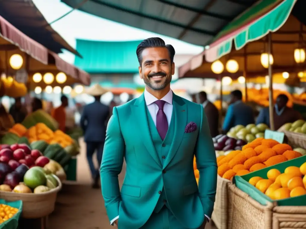 Hombre elegante en mercado local: Consejos etiqueta viaje hombre