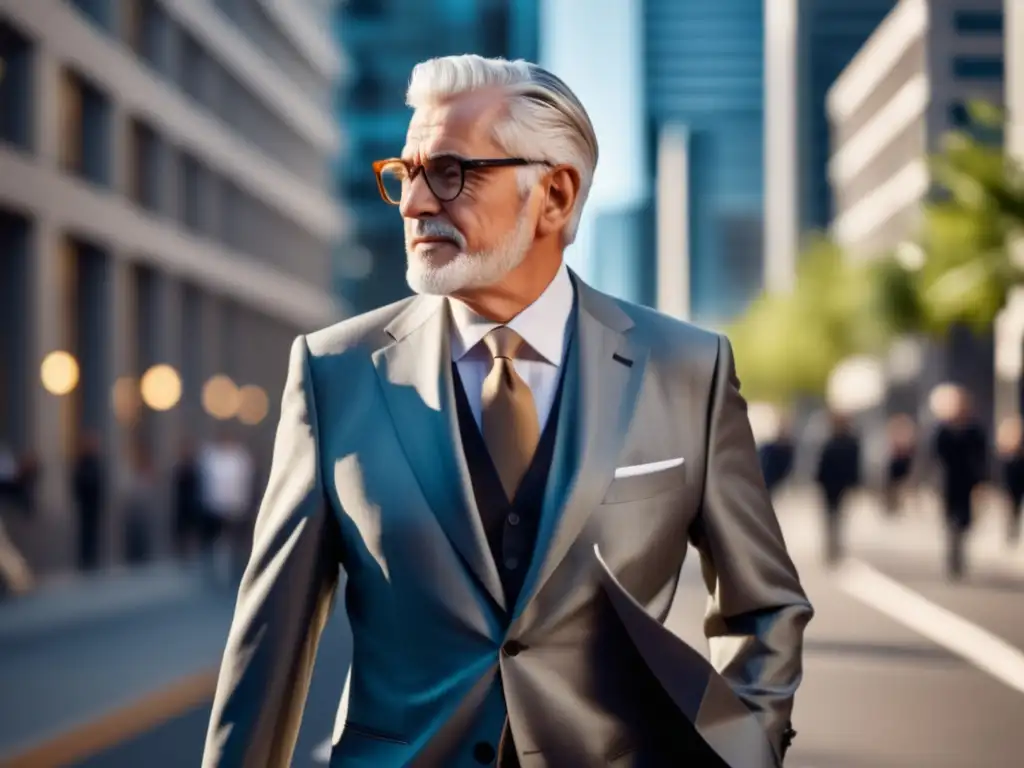 Moda hombres tercera edad: elegante caballero caminando seguro por la ciudad rodeado de edificios modernos