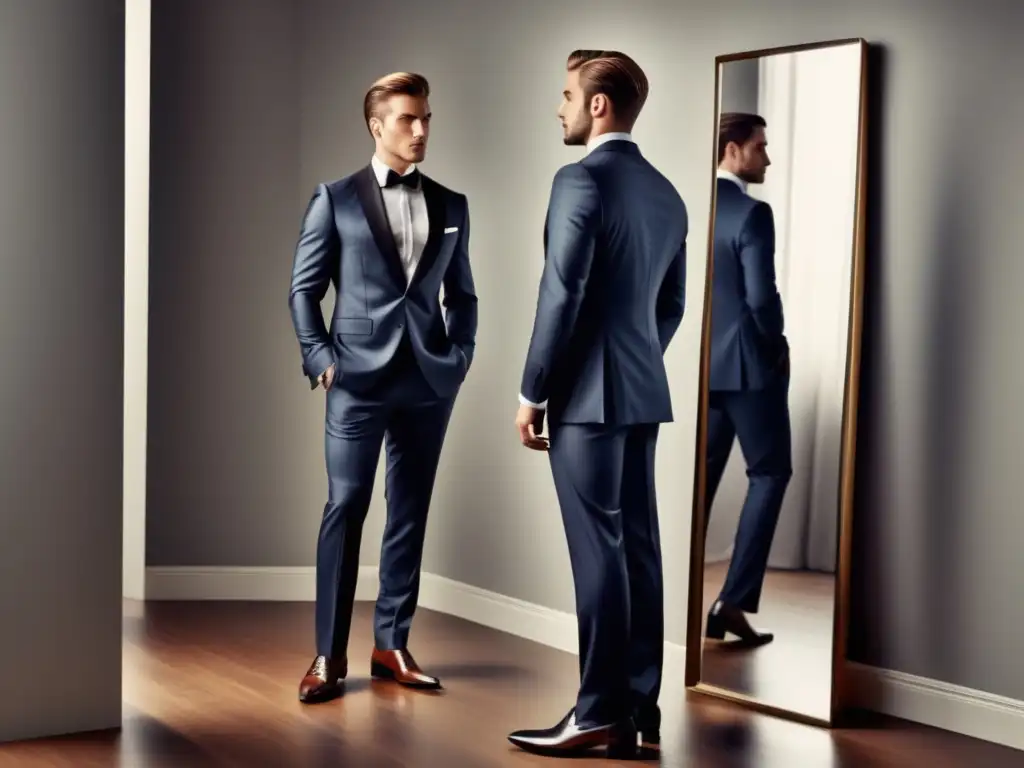 Hombre elegante en espejo, imagen de moda masculina y autoestima