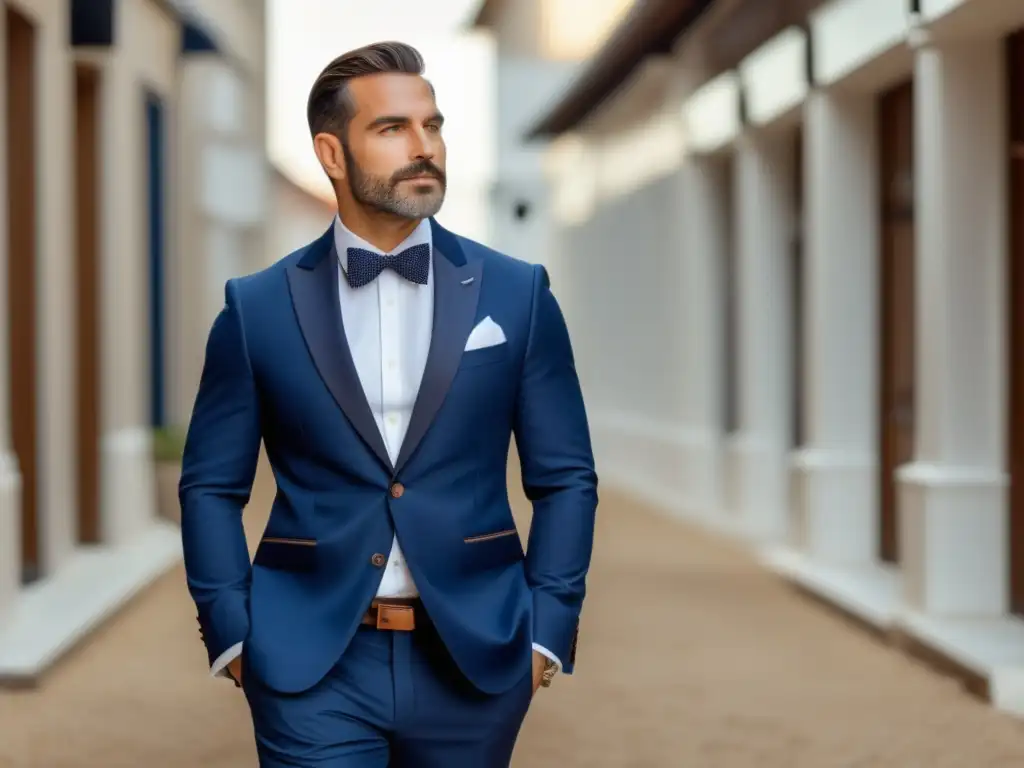 Consejos moda masculina sostenible: hombre elegante en traje azul ecofriendly, camisa blanca orgánica, accesorios sostenibles, entorno urbano verde