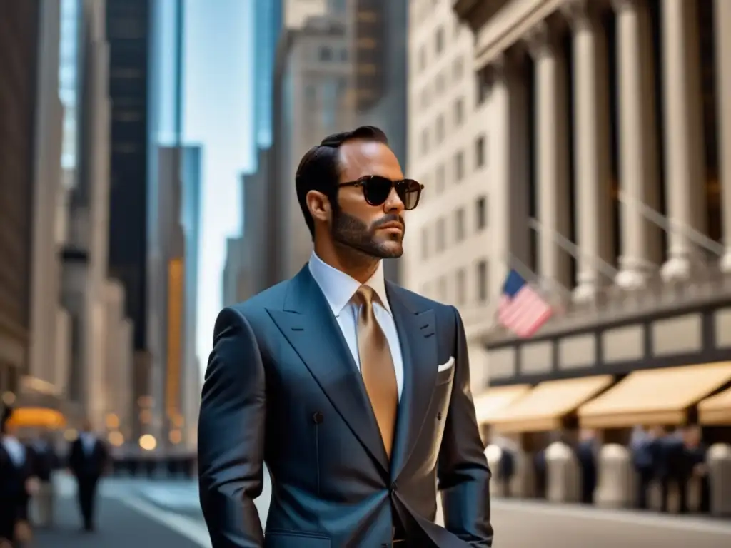 Tendencias moda masculina Wall Street, hombre poderoso y sofisticado en traje a medida, destacando detalles y arquitectura