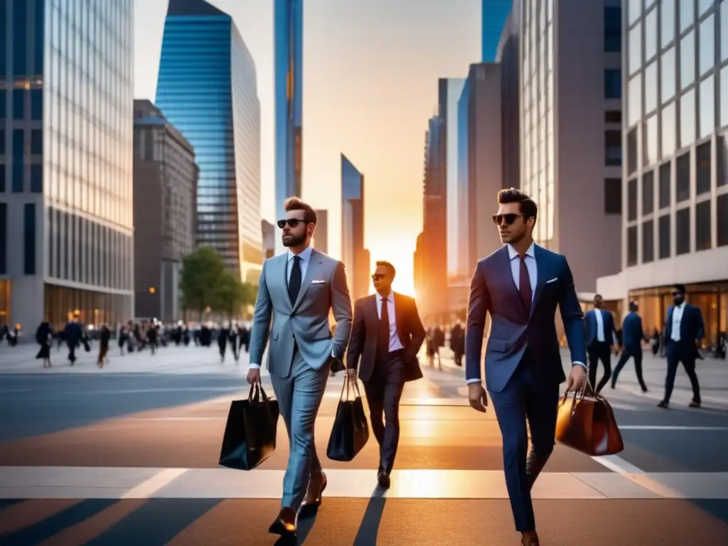 Moda urbana al atardecer Tendencias moda masculina viajes ciudad: Hombres elegantes y modernos en una animada calle urbana al atardecer