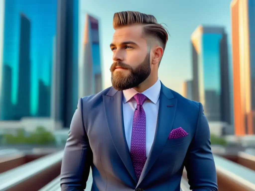 Hombre elegante con barba y traje de moda en la ciudad