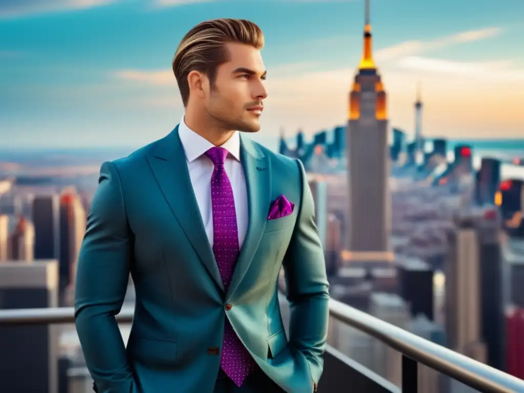 Estilos de moda masculina mezclados: modelo de traje elegante en ciudad vibrante