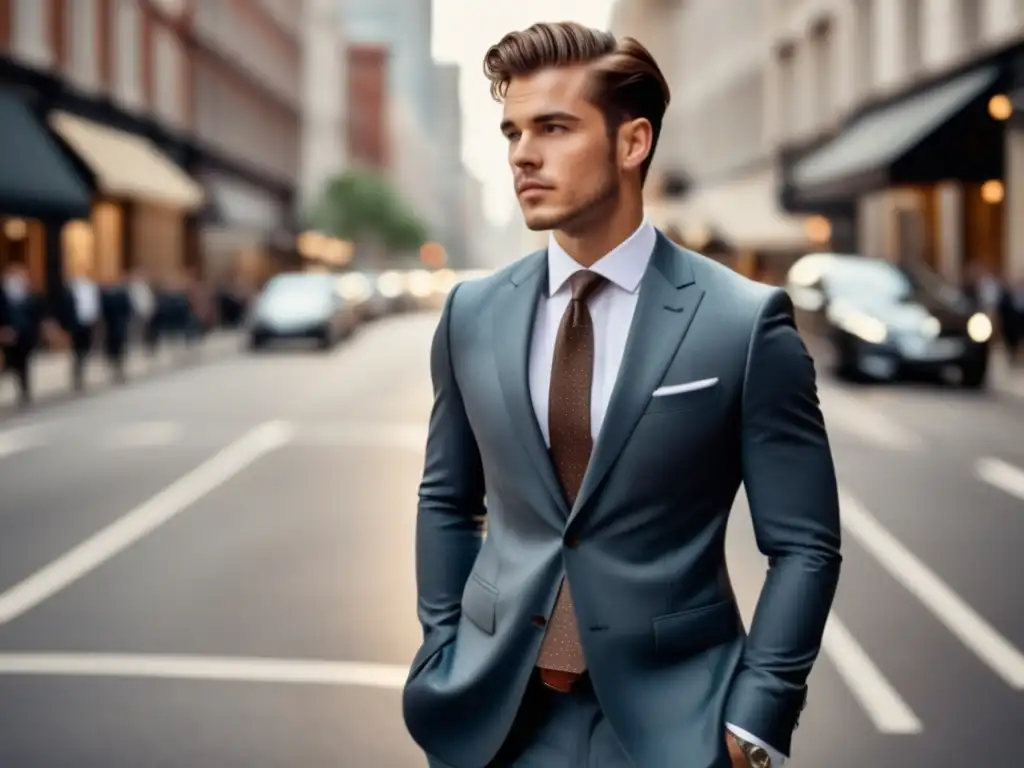 Hombre elegante en una ciudad vibrante, destacando la importancia de la moda masculina y la identidad personal