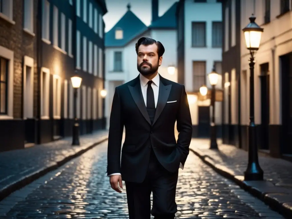 Hombre elegante estilo Orson Welles moda masculina caminando en calle iluminada vintage