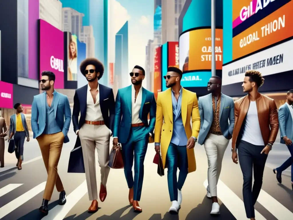 Tendencias globales moda masculina en una vibrante y moderna ciudad con hombres vestidos con estilo y autenticidad