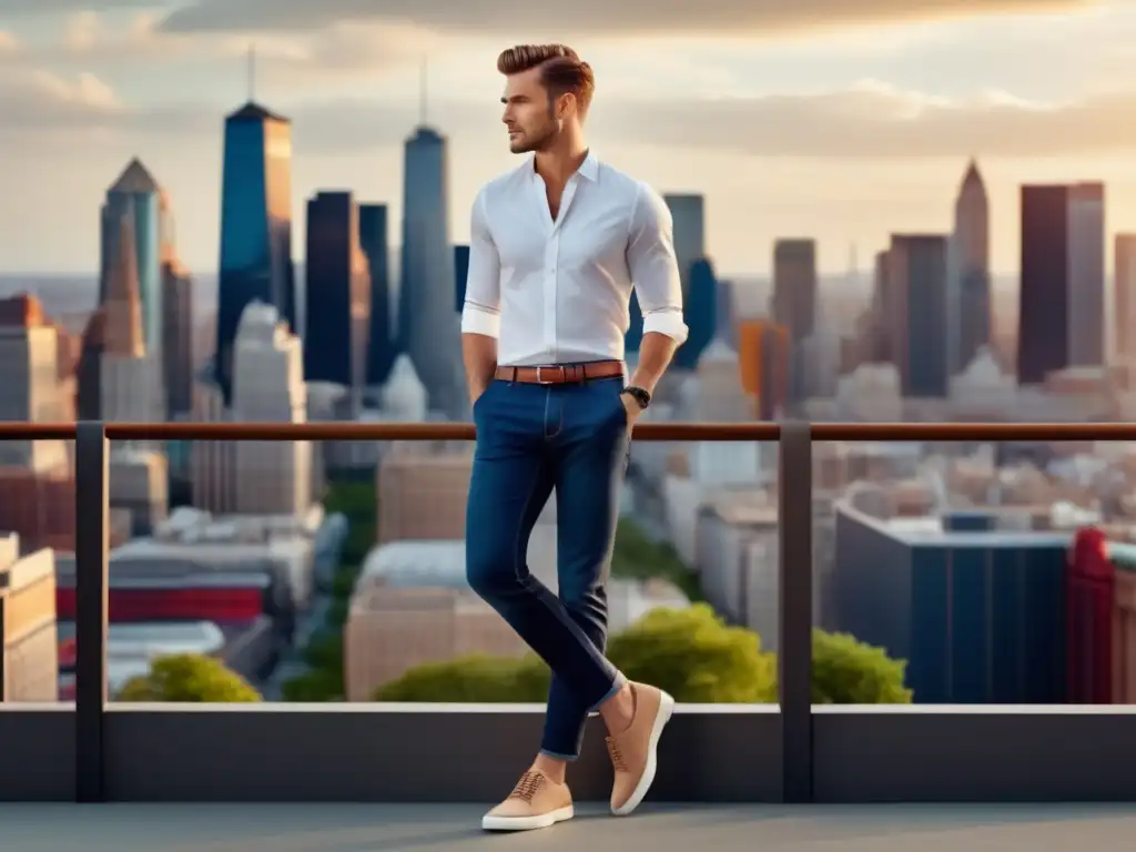 Combinación de zapatos y outfit para hombres: hombre elegante con zapatos casuales y jeans oscuros