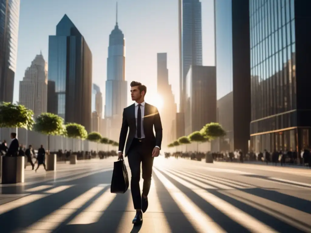 Moda masculina para viaje urbano: hombre elegante en traje negro camina por ciudad moderna