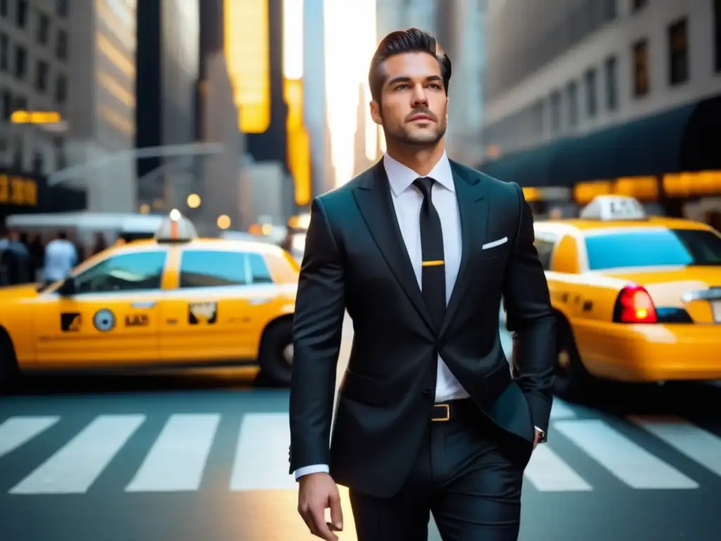 Elegante traje negro en las calles de Nueva York Tendencias moda masculina en la ciudad de Nueva York