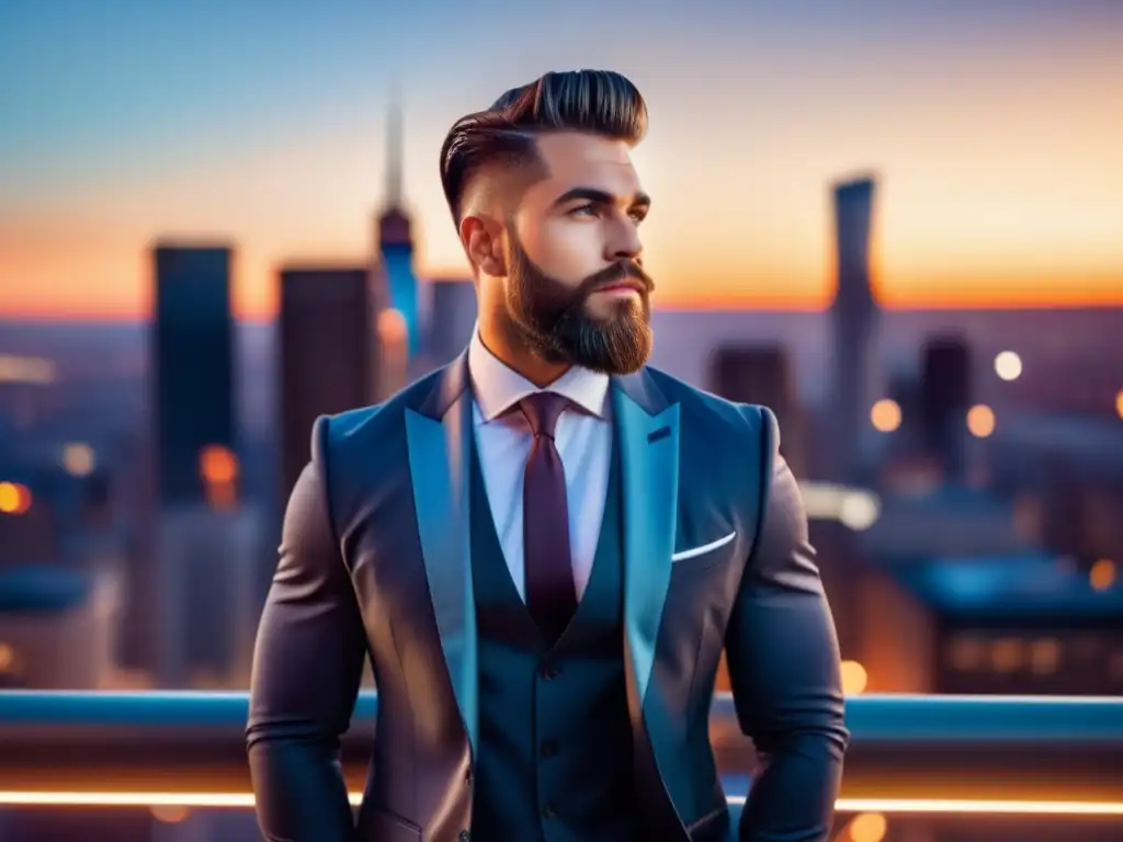 Hombre elegante en la ciudad al atardecer, mejora autoestima con estilo masculino