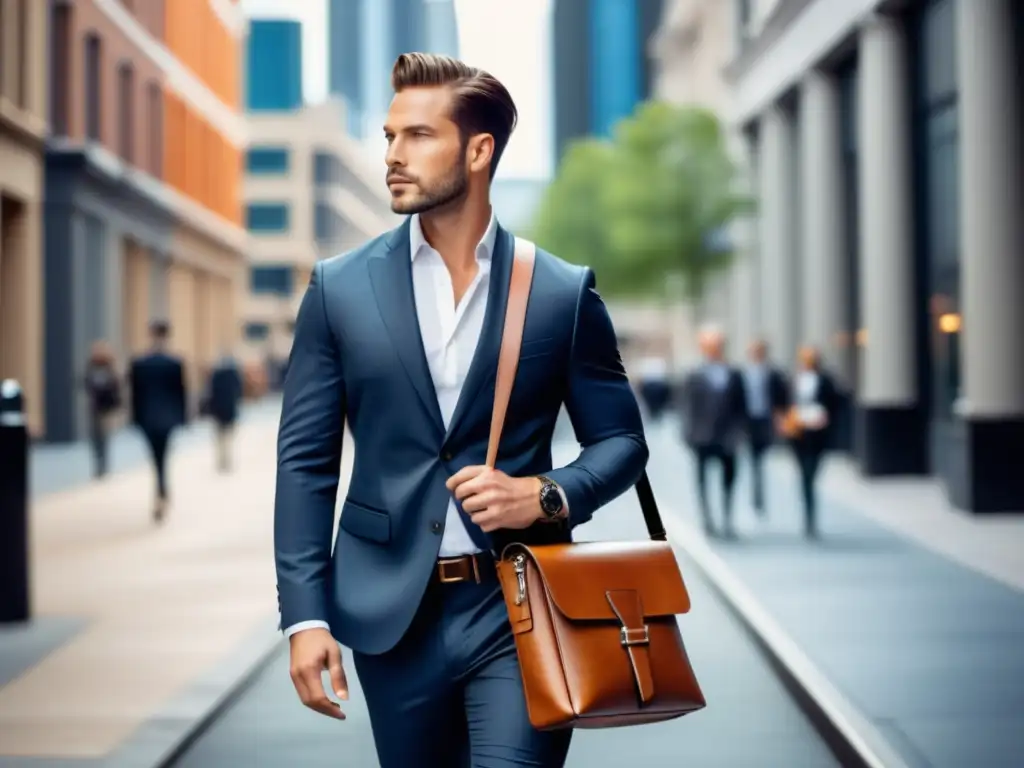 Hombre elegante con bolso de moda, tendencias actuales en bolsos de hombre