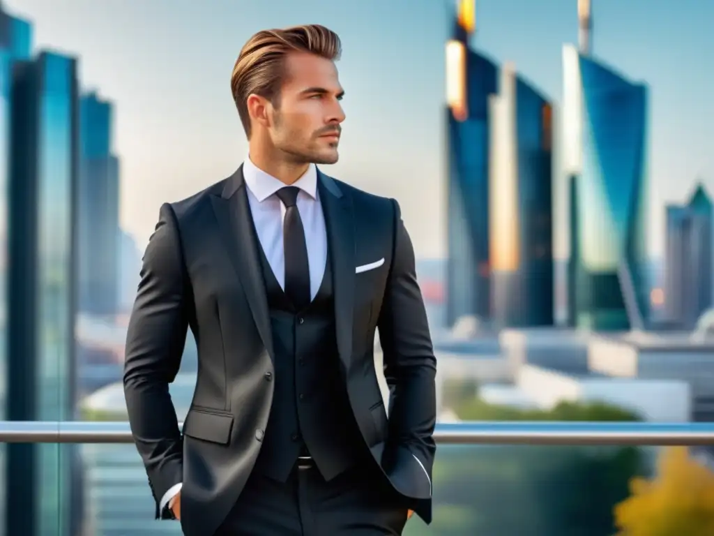 Tendencias moda masculina europea: Hombre elegante en traje negro ajustado y accesorios modernos, en vibrante ciudad