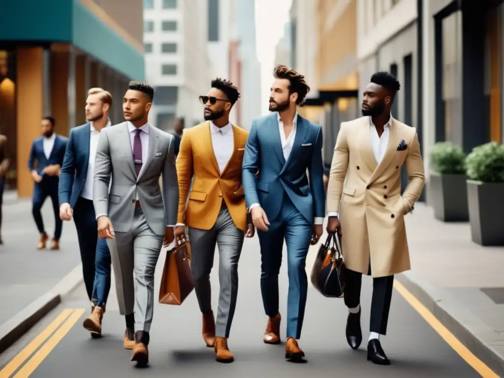 Tendencias moda masculina locales: Hombres bien vestidos caminando en una ciudad moderna, reflejando estilos únicos y una moda contemporánea