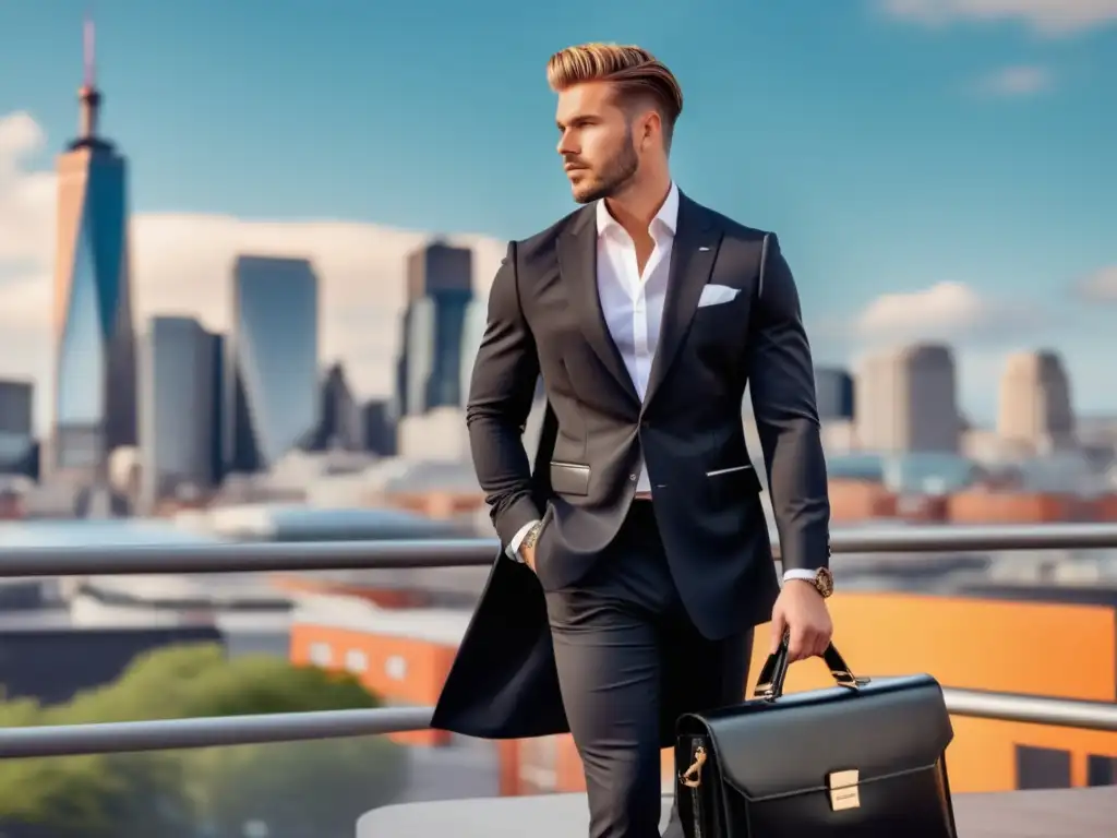 Influencia de los influencers en moda masculina: hombre elegante con traje negro y maletín de cuero, en la ciudad vibrante