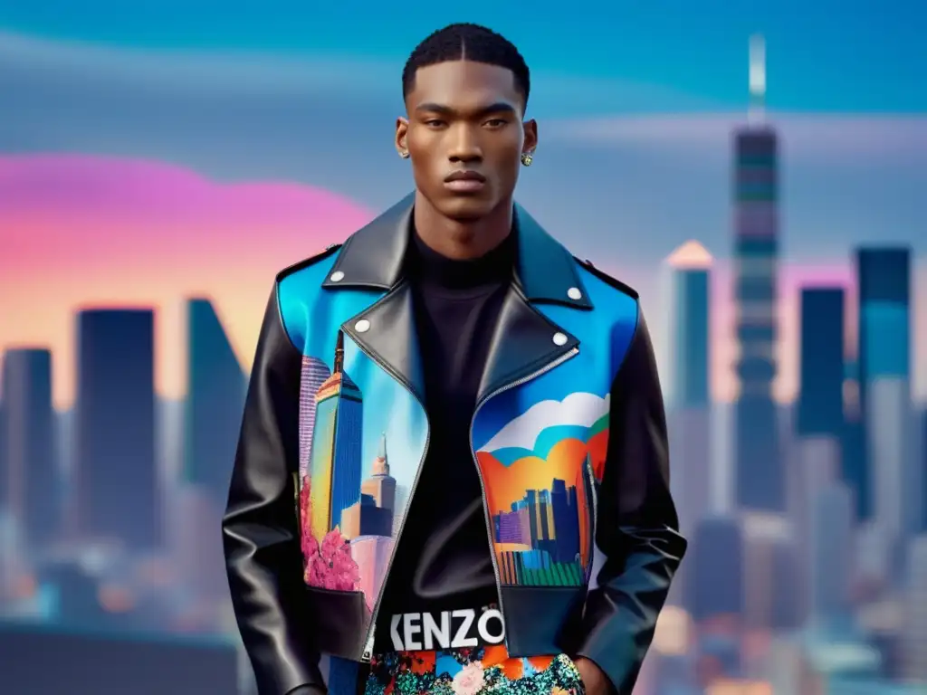 Tendencias moda masculina fusión culturas: modelo urbano Kenzo con atuendo vibrante y accesorio llamativo