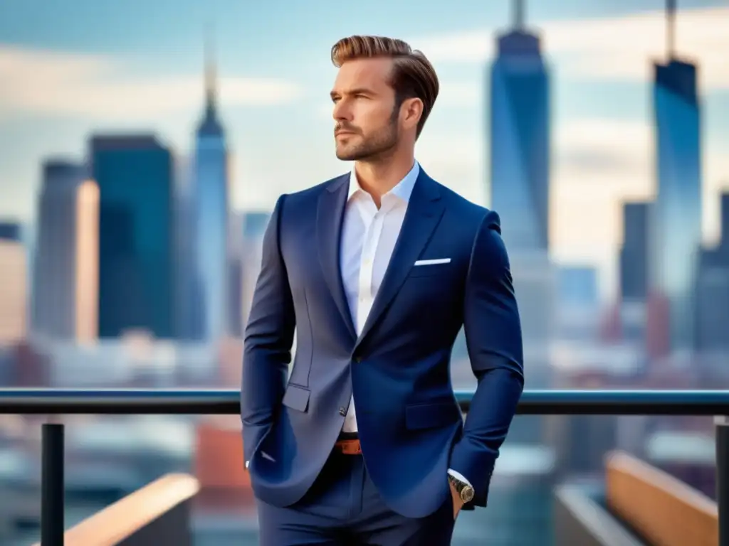 Fotografía estilo masculino perfecto: hombre elegante en ciudad vibrante con traje azul marino, camisa blanca y zapatos de cuero