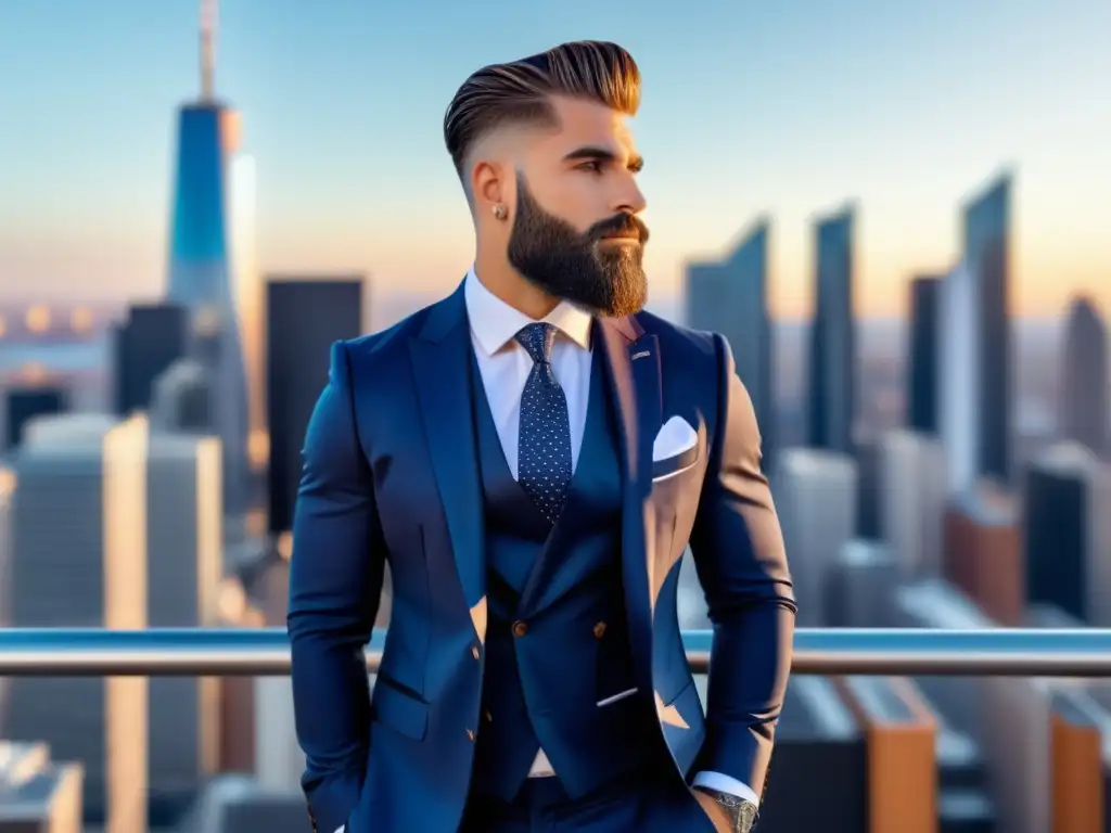 Tendencias de moda masculina globales: Influencer de moda masculina elegante y moderno frente a una vibrante ciudad