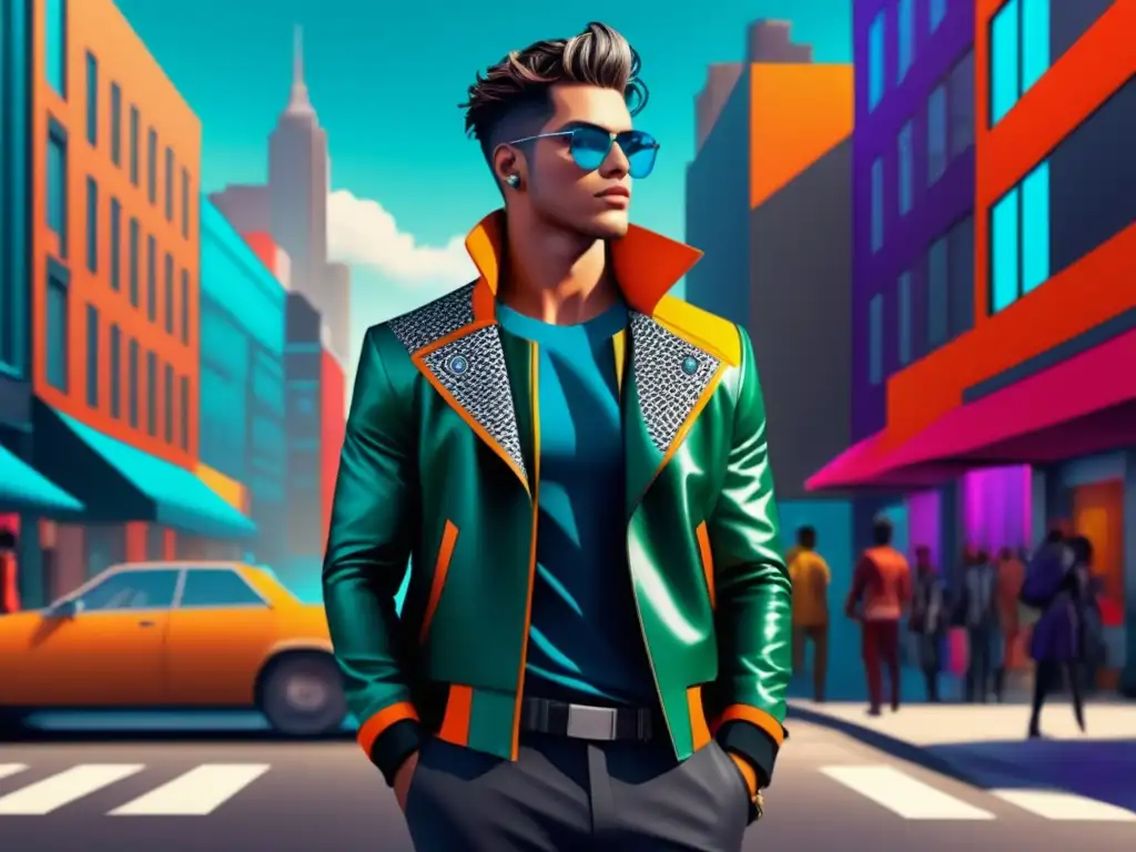 Moda masculina en novelas gráficas: personaje urbano con estilo en moderna ciudad