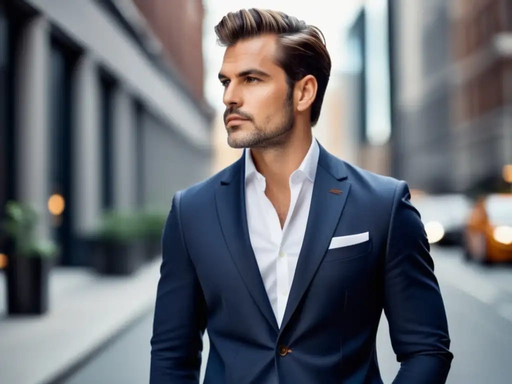 Consejos de moda masculina para viajar: imagen de un hombre moderno y elegante en la ciudad, vistiendo un traje versátil y funcional