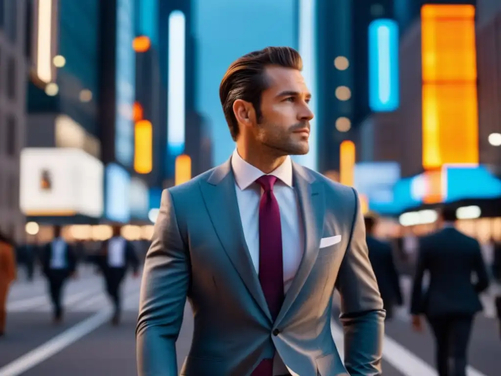 Hombre elegante caminando en la ciudad Hombre elegante caminando por una calle bulliciosa de la ciudad, destacando las tendencias de moda masculina en los viajes urbanos