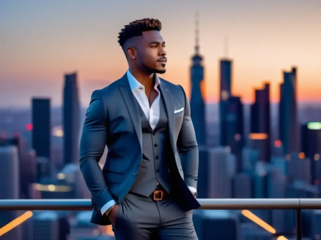 Tendencias moda masculina autoestima: hombre elegante y seguro, vestido a la moda, con la ciudad al atardecer de fondo