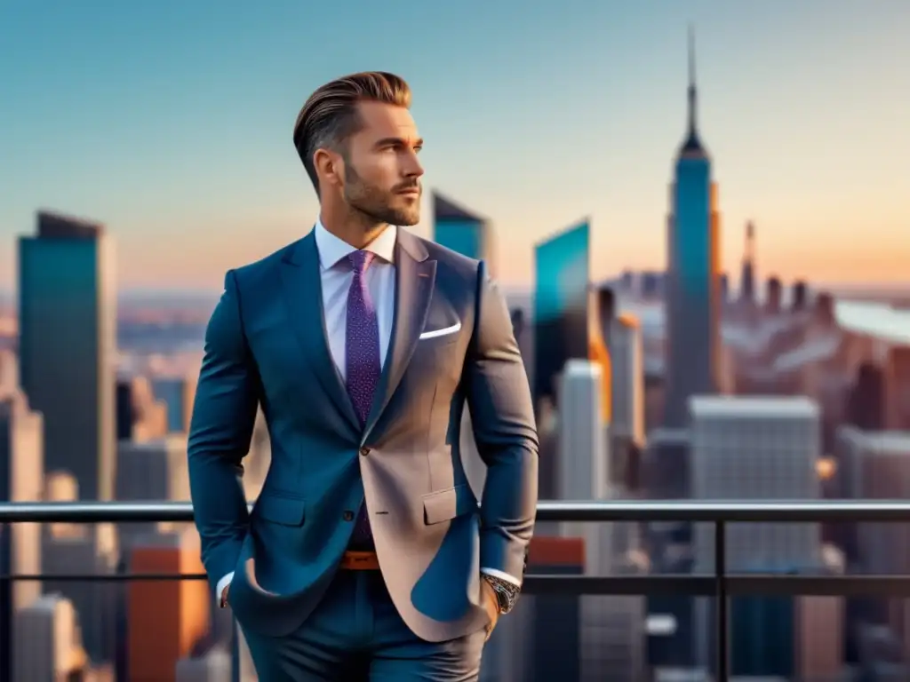 Impacto moda en identidad masculina: hombre moderno, traje a medida, ciudad vibrante, estilo personal, tendencias, autenticidad