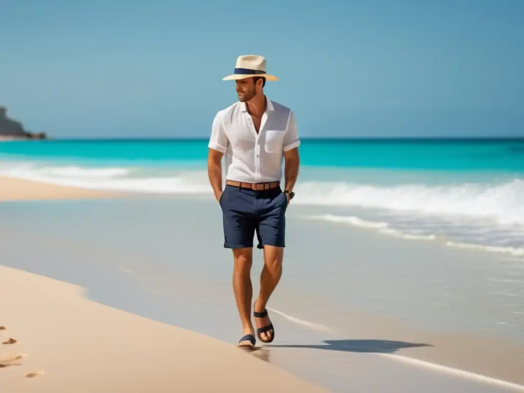 Un hombre elegante con estilo camina por una playa de arena blanca en un hermoso día de verano