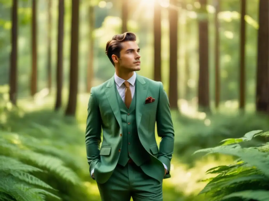 Joven elegante en traje vintage en bosque verde - Ventajas moda vintage sostenible